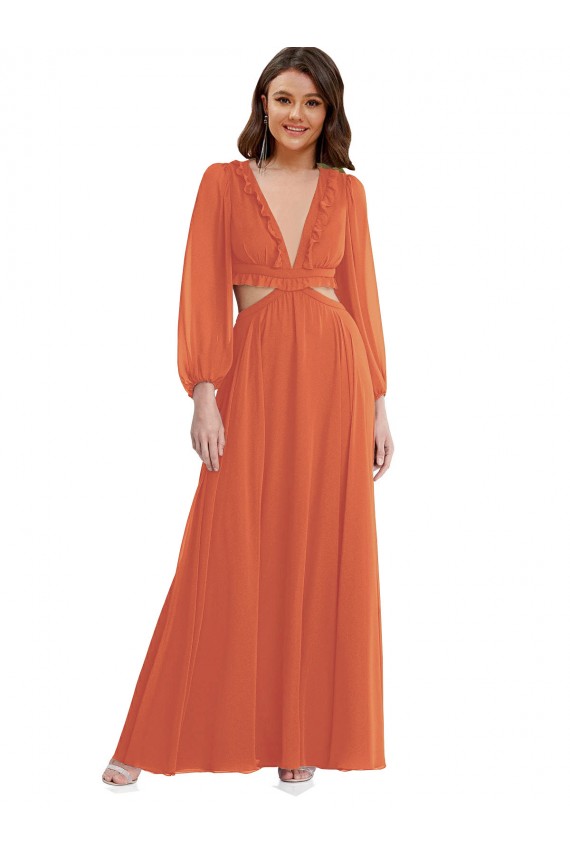 V-Neck Long Soft Chiffon Firecracker Long Sleeves High Low Evening Gown / Bridesmaid Dress Darwin
