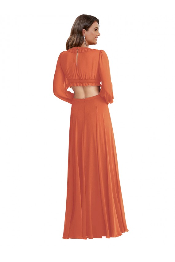 V-Neck Long Soft Chiffon Firecracker Long Sleeves High Low Evening Gown / Bridesmaid Dress Darwin