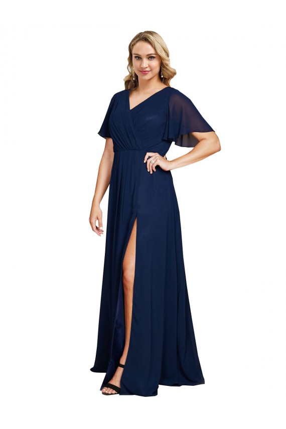 V-Neck Long Soft Chiffon Dark Navy Short Flutter Sleeves Formal Plus Size Evening Gown / Prom Dress / Bridesmaid Dress Darwin