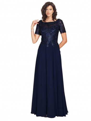 Round Neck Long Soft Chiffon Dark Navy Short Sleeves Prom Dress / Bridesmaid Dress Darwin
