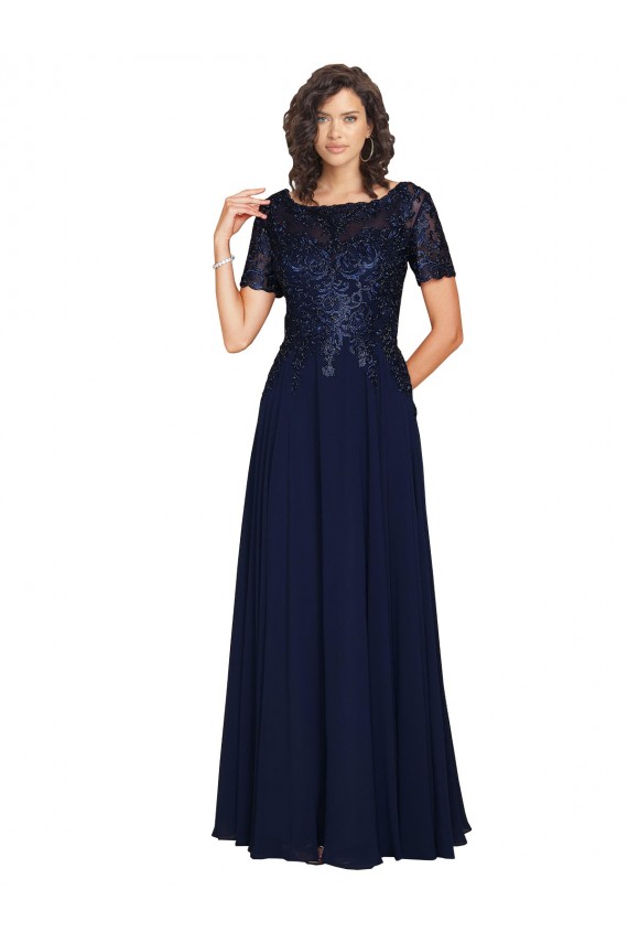 Round Neck Long Soft Chiffon Dark Navy Short Sleeves Prom Dress / Bridesmaid Dress Darwin