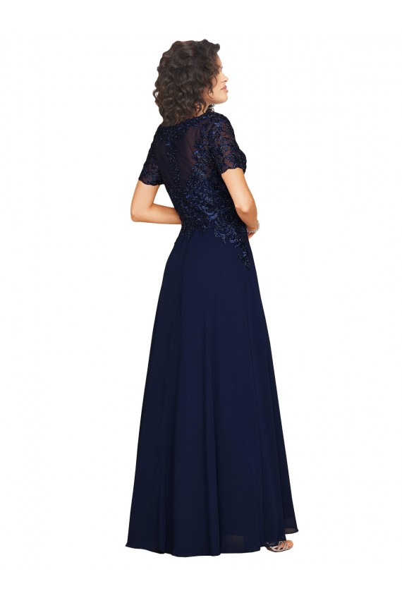 Round Neck Long Soft Chiffon Dark Navy Short Sleeves Prom Dress / Bridesmaid Dress Darwin