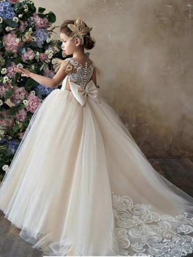 Sweetheart Chapel Train Tulle & Lace Champagne Sleeveless Flower Girl Dresses Darwin