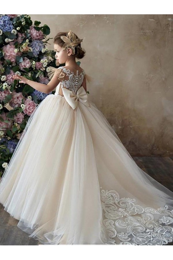 Sweetheart Chapel Train Tulle & Lace Champagne Sleeveless Flower Girl Dresses Darwin