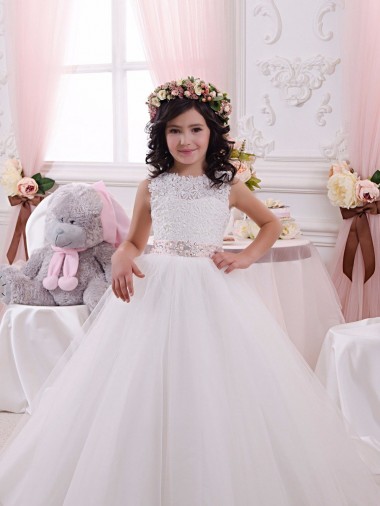 Bateau Neck Chapel Train Tulle & Lace Ivory Sleeveless Flower Girl Dress Darwin