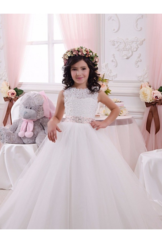 Bateau Neck Chapel Train Tulle & Lace Ivory Sleeveless Flower Girl Dress Darwin