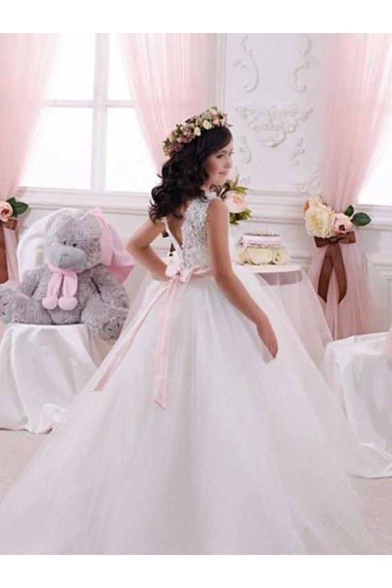 Bateau Neck Chapel Train Tulle & Lace Ivory Sleeveless Flower Girl Dress Darwin