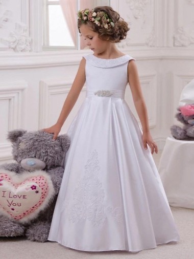 Bateau Neck Long Satin & Lace Ivory Sleeveless Flower Girl Dresses Darwin