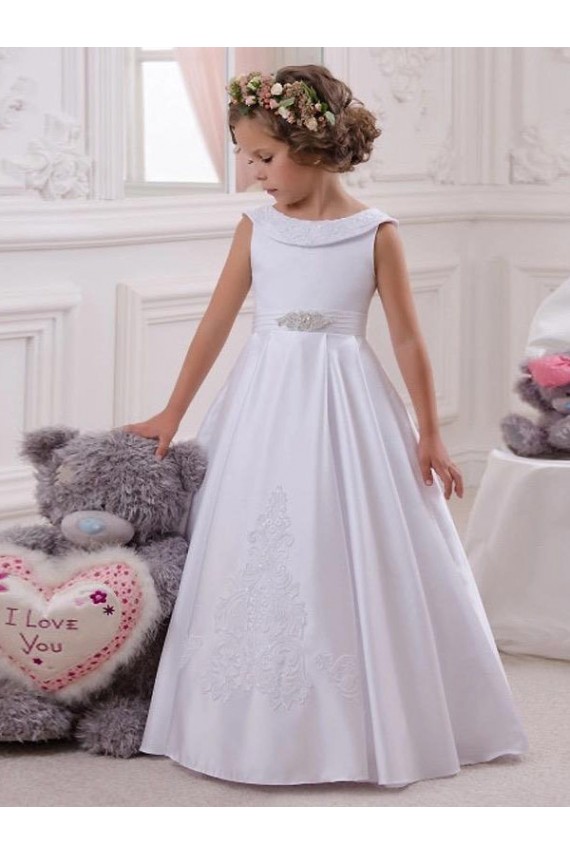 Bateau Neck Long Satin & Lace Ivory Sleeveless Flower Girl Dresses Darwin