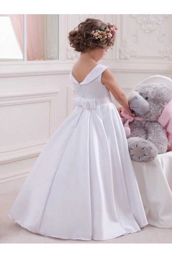 Bateau Neck Long Satin & Lace Ivory Sleeveless Flower Girl Dresses Darwin