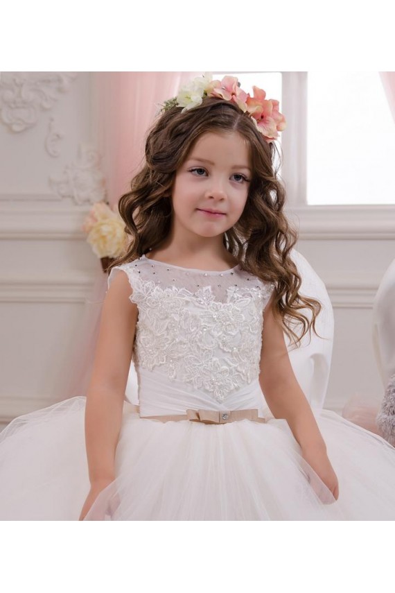Bateau Neck Chapel Train Tulle & Lace Ivory Sleeveless Flower Girl Wedding Dress Darwin
