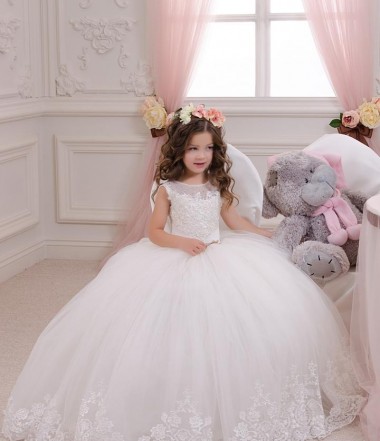 Bateau Neck Chapel Train Tulle & Lace Ivory Sleeveless Flower Girl Wedding Dress Darwin