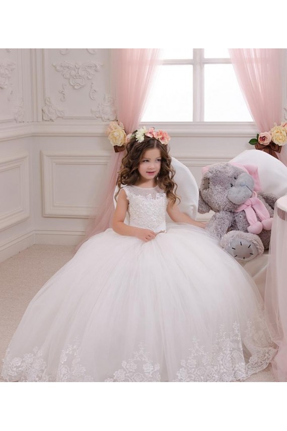Bateau Neck Chapel Train Tulle & Lace Ivory Sleeveless Flower Girl Wedding Dress Darwin
