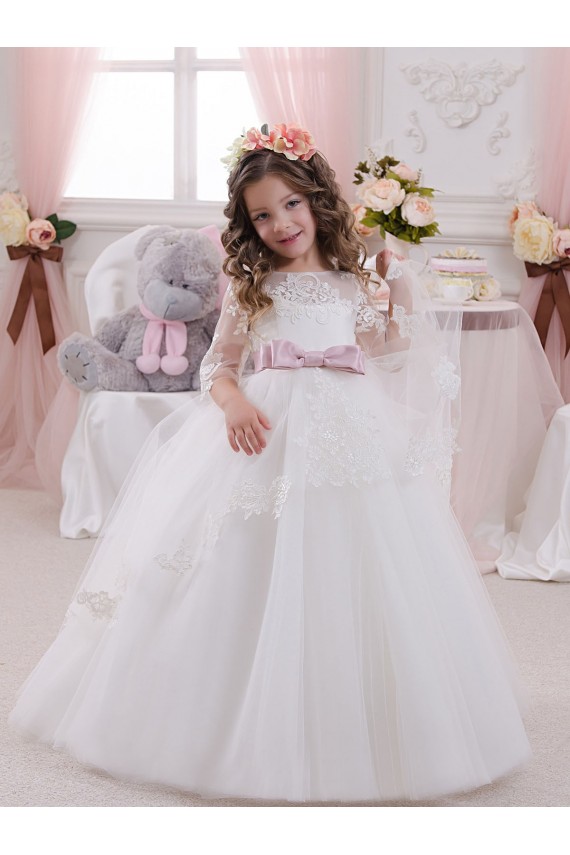Ball Gowns Chapel Train Tulle & Lace Ivory Sleeveless Flower Girl Dress Darwin
