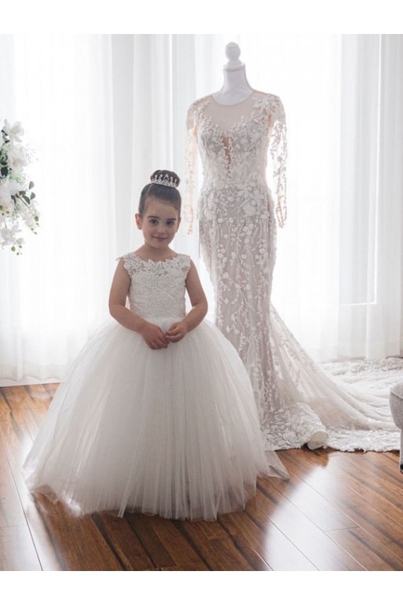 Ball Gown Chapel Train Tulle & Lace Ivory Sleeveless Flower Girl Dress Darwin