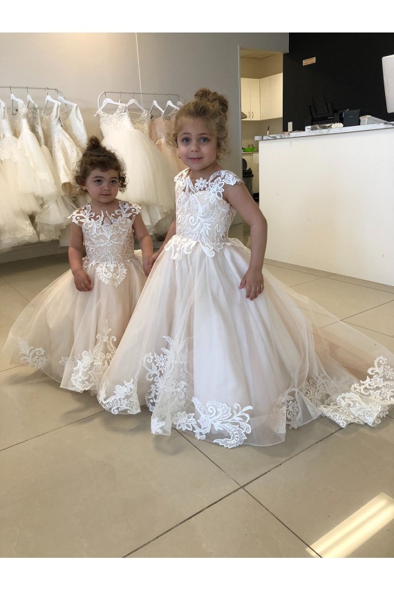 Bateau Neck Chapel Train Tulle & Lace Ivory Sleeveless Little Flower Girl Dress Darwin
