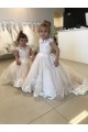Bateau Neck Chapel Train Tulle & Lace Ivory Sleeveless Little Flower Girl Dress Darwin