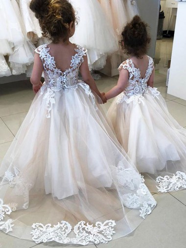 Bateau Neck Chapel Train Tulle & Lace Ivory Sleeveless Little Flower Girl Dress Darwin