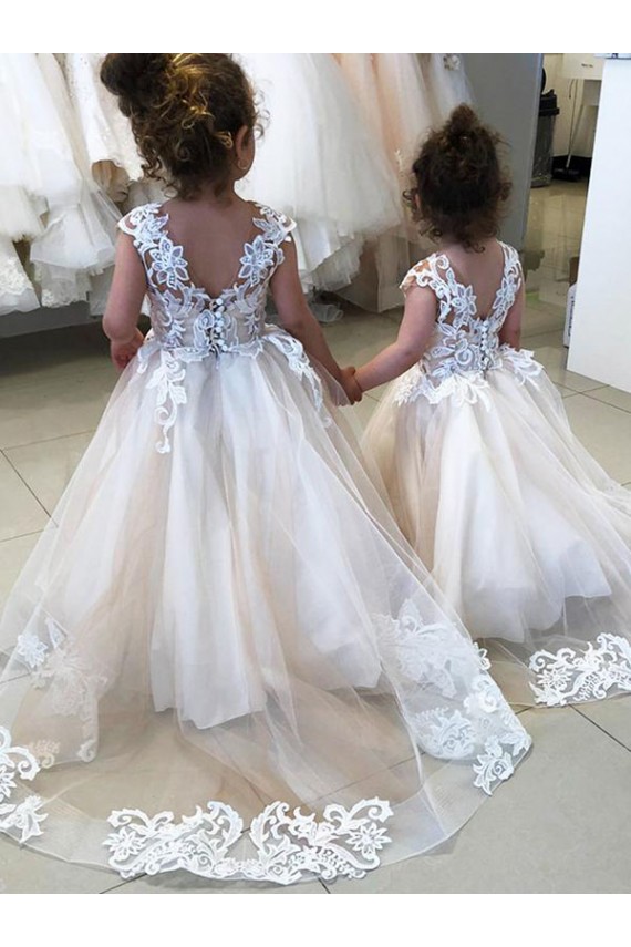 Bateau Neck Chapel Train Tulle & Lace Ivory Sleeveless Little Flower Girl Dress Darwin