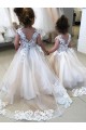 Bateau Neck Chapel Train Tulle & Lace Ivory Sleeveless Little Flower Girl Dress Darwin