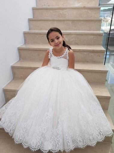 High Neck Long Tulle & Lace Ivory Sleeveless Flower Girl Dress for Wedding Darwin