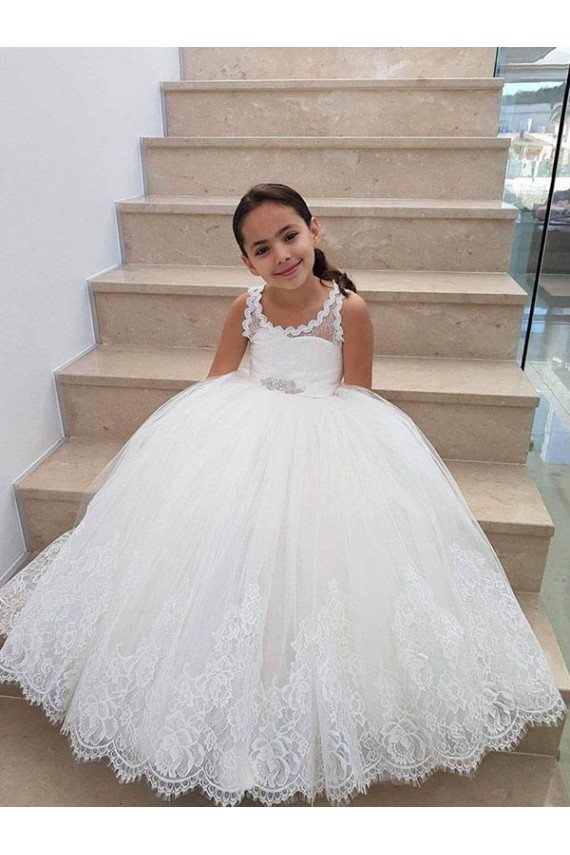 High Neck Long Tulle & Lace Ivory Sleeveless Flower Girl Dress for Wedding Darwin