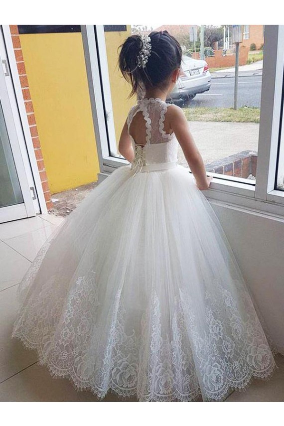 High Neck Long Tulle & Lace Ivory Sleeveless Flower Girl Dress for Wedding Darwin