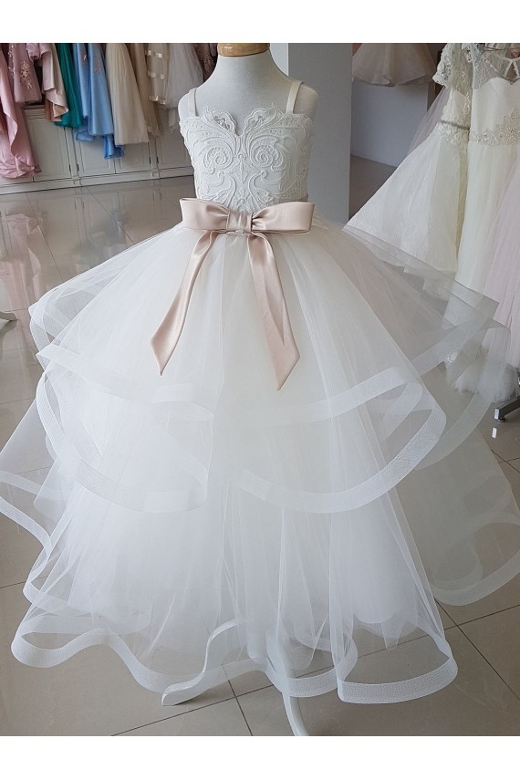 High Neck Long Tulle & Lace Ivory Sleeveless Flower Girl Wedding Dress Darwin
