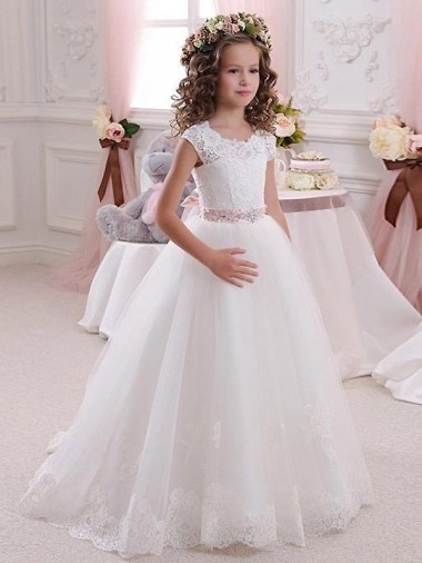 High Neck Long Tulle & Lace Ivory Cap Sleeves Flower Girl Dress Darwin