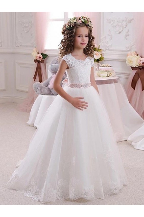 High Neck Long Tulle & Lace Ivory Cap Sleeves Flower Girl Dress Darwin
