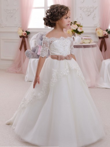 High Neck Long Tulle & Lace Ivory Short Sleeves Flower Girl Dresses Darwin