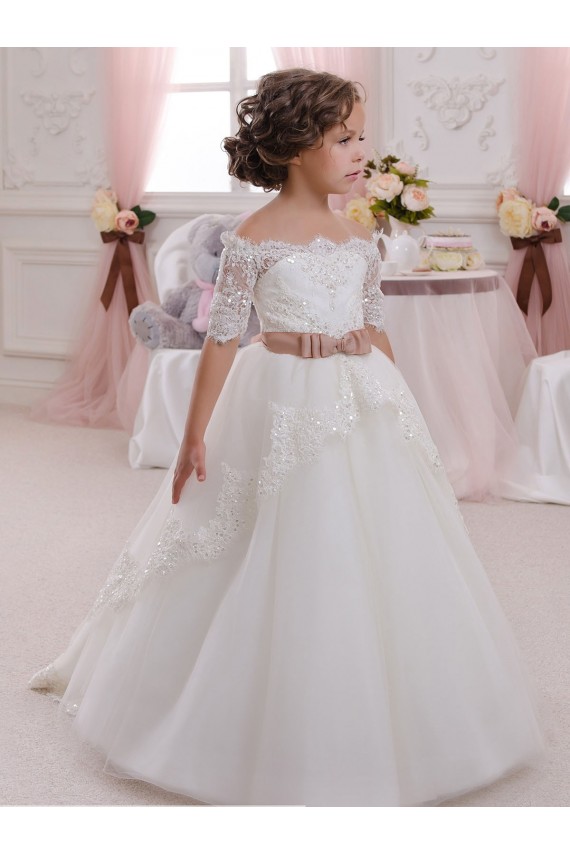 High Neck Long Tulle & Lace Ivory Short Sleeves Flower Girl Dresses Darwin
