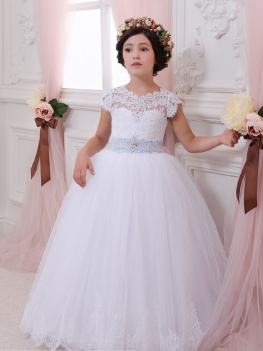 Sweetheart Chapel Train Tulle & Lace Ivory Cap Sleeves Flower Girl Dresses Darwin