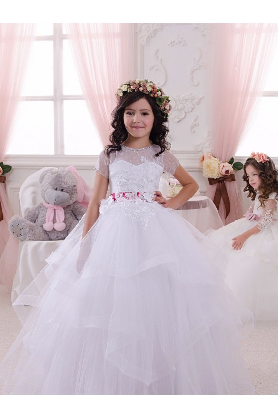 Sweetheart Long Tulle & Lace Ivory Short Sleeves Little Flower Girl Dress Darwin