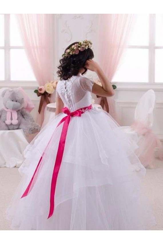 Sweetheart Long Tulle & Lace Ivory Short Sleeves Little Flower Girl Dress Darwin