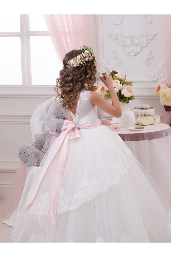 Sweetheart Chapel Train Tulle & Lace Ivory Sleeveless Flower Girl Dress for Wedding Darwin