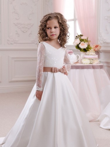 V-Neck Chapel Train Satin & Lace Ivory Long Sleeves Flower Girl Dress Darwin