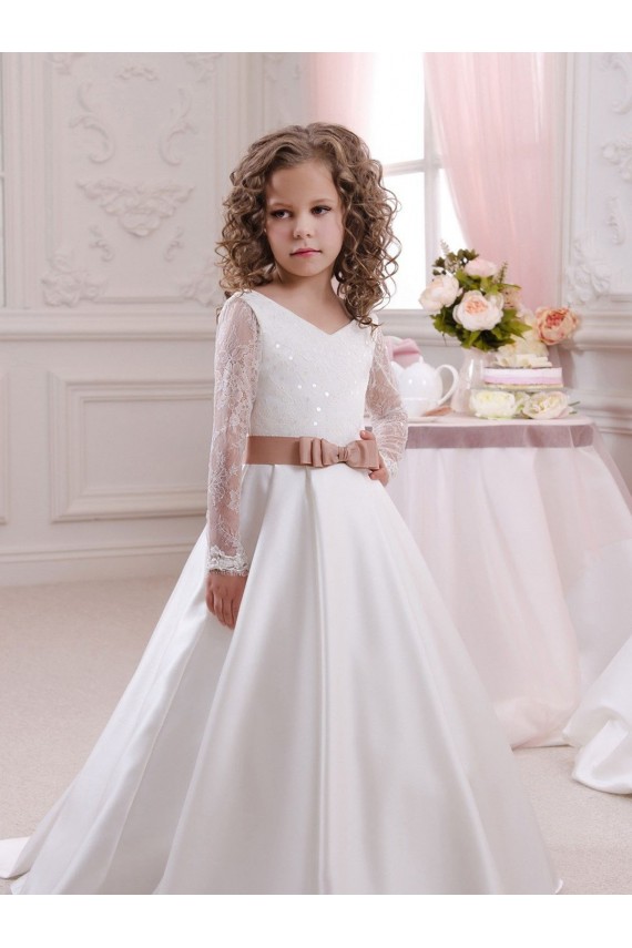 V-Neck Chapel Train Satin & Lace Ivory Long Sleeves Flower Girl Dress Darwin