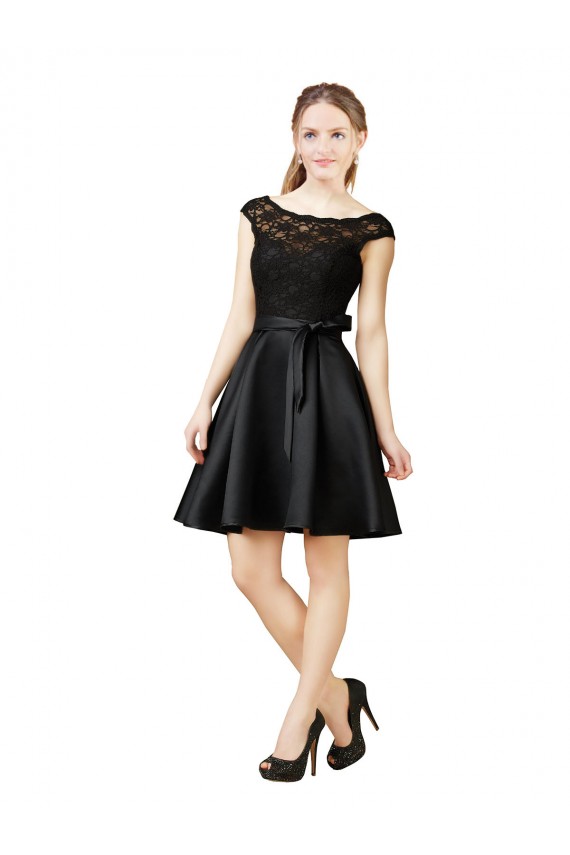 Illusion Neck Knee Length Satin & Lace Black Sleeveless Bridesmaid Dress Darwin