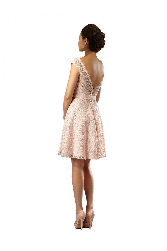 Illusion Neck Knee Length Soft Chiffon & Lace Pink Cap Sleeves Bridesmaid Dress Darwin