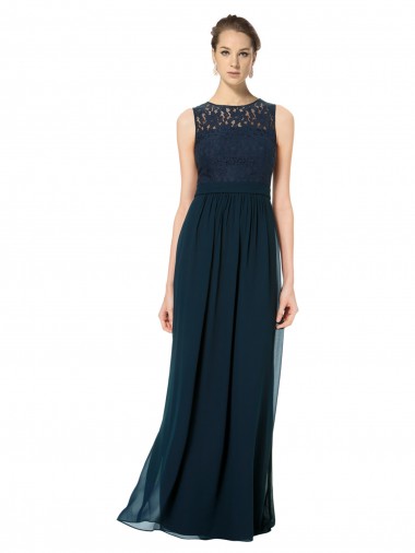 Illusion Neck Long Chiffon & Lace Dark Navy Sleeveless Bridesmaid Dress Darwin
