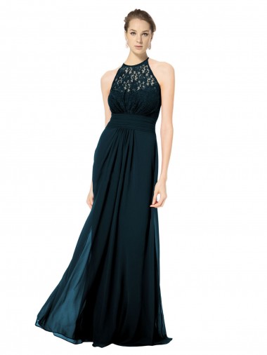 Illusion Neck Long Soft Chiffon & Lace Dark Navy Sleeveless Formal Dress / Bridesmaid Dress Darwin