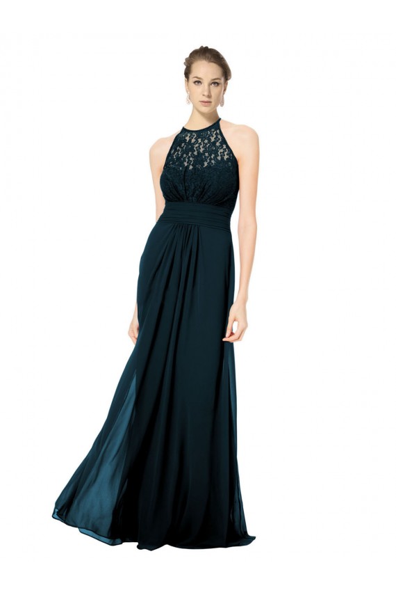 Illusion Neck Long Soft Chiffon & Lace Dark Navy Sleeveless Formal Dress / Bridesmaid Dress Darwin