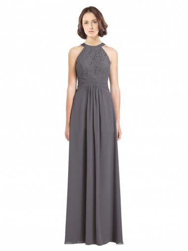 Halter Neck Long Soft Chiffon & Lace Stormy Silver Sleeveless Bridesmaid Dress Darwin