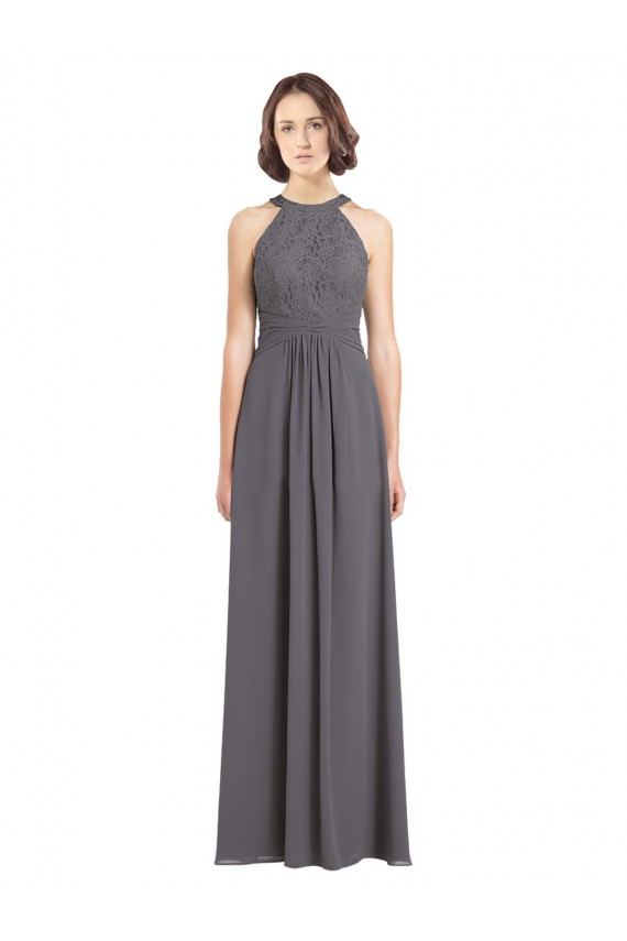 Halter Neck Long Soft Chiffon & Lace Stormy Silver Sleeveless Bridesmaid Dress Darwin