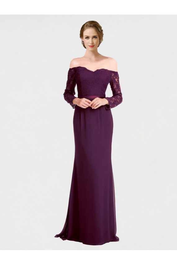Off the Shoulder Long Soft Chiffon & Lace Grape Long Sleeves Bridesmaid Dress Darwin