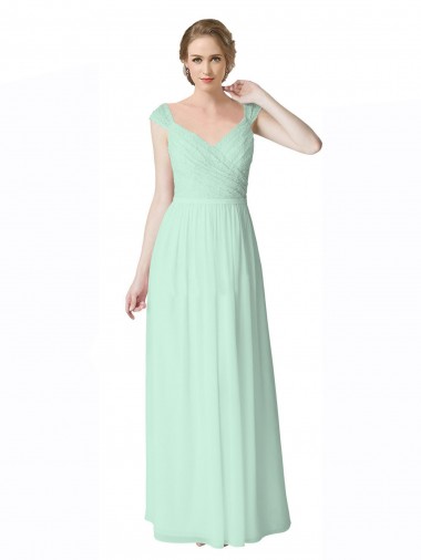 V-Neck Long Soft Chiffon & Lace Mint Green Cap Sleeves Bridesmaid Dress Darwin