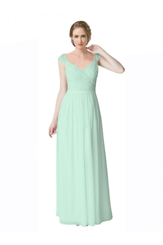 V-Neck Long Soft Chiffon & Lace Mint Green Cap Sleeves Bridesmaid Dress Darwin