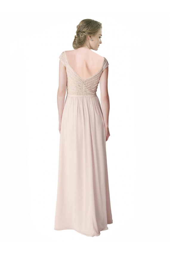 V-Neck Long Soft Chiffon & Lace Mint Green Cap Sleeves Bridesmaid Dress Darwin