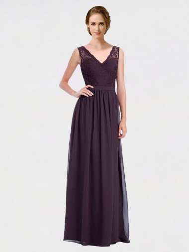 V-Neck Long Chiffon & Lace Grape Sleeveless Bridesmaid Dress / Evening Dress Darwin